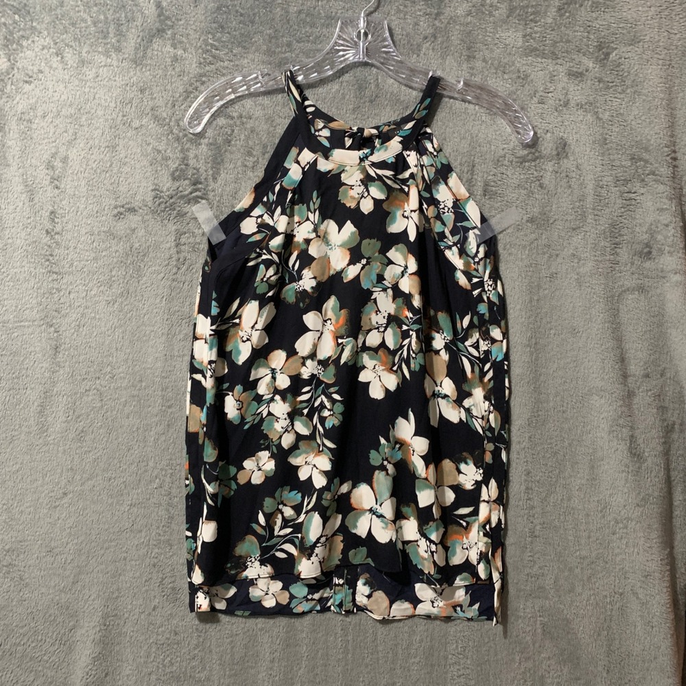 The Limited Petite XS Halter Top Floral Black Teal Sleeveless Blouse Tie Back